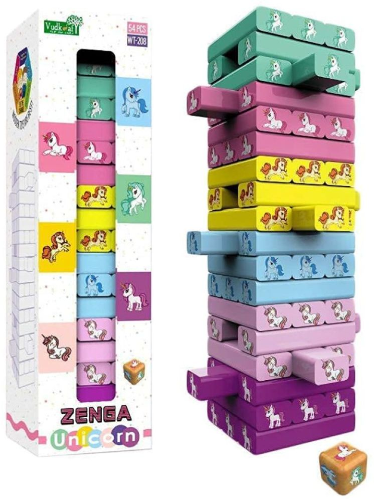     			PANSHUB Wooden Blocks 54 Pcs Challenging Color Wooden Tumbling Tower, Wooden Zenga Unicorn Toys with Dices Board Educational Puzzle Game for Adults and Kids