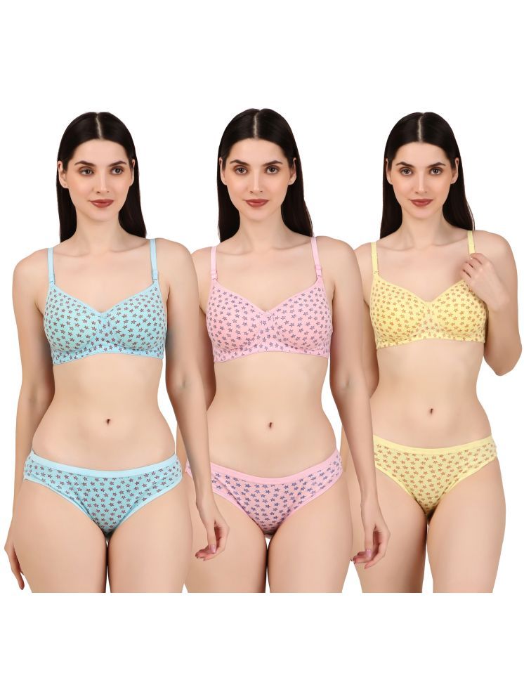     			Piylu Multicolor Set-Star-CB3 Cotton Women's Bra & Panty Set ( Pack of 3 )