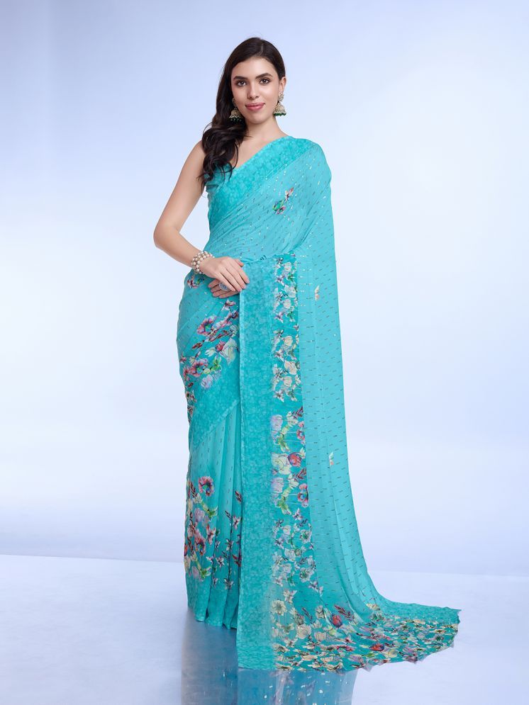     			Rekha Maniyar Chiffon Printed Saree With Blouse Piece - Turquoise ( Pack of 1 )