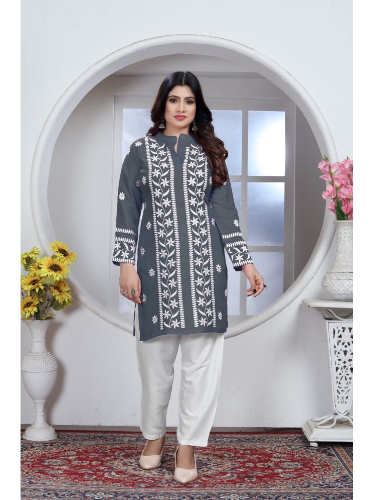     			Apnisha Rayon Embroidered Straight Women's Kurti - Grey ( Pack of 1 )