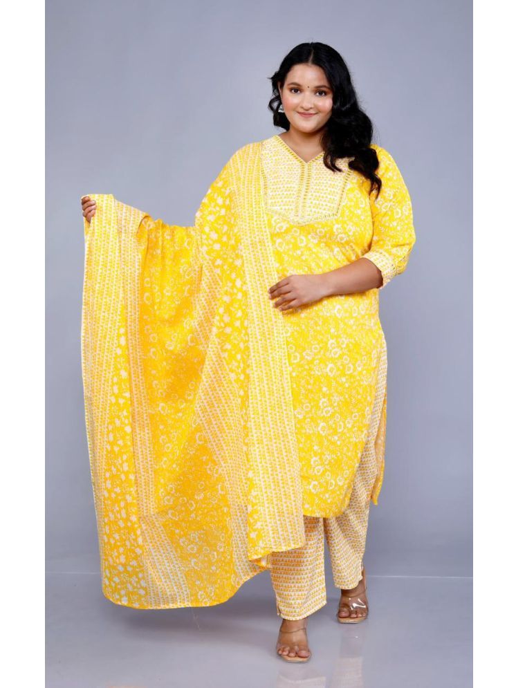     			HIGHLIGHT FASHION EXPORT Cotton Blend Printed Kurti With Pants Women's Stitched Salwar Suit - Yellow ( Pack of 1 )