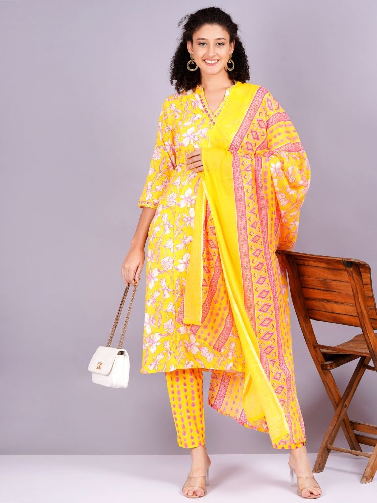     			HIGHLIGHT FASHION EXPORT Cotton Blend Printed Kurti With Pants Women's Stitched Salwar Suit - Yellow ( Pack of 1 )