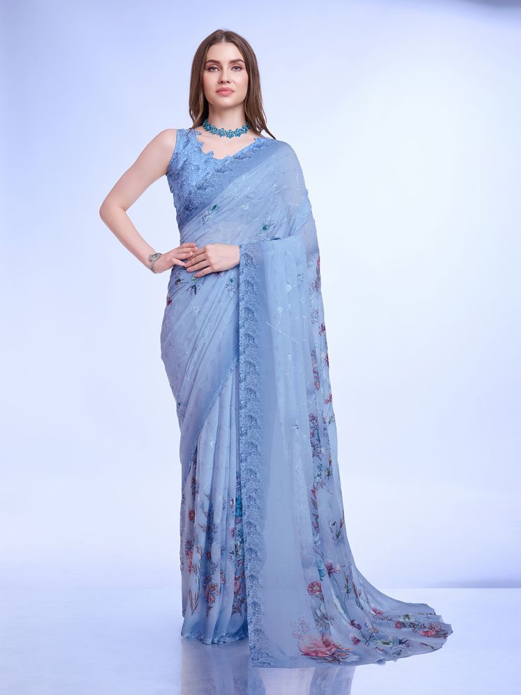     			Rekha Maniyar Chiffon Printed Saree With Blouse Piece - SkyBlue ( Pack of 1 )