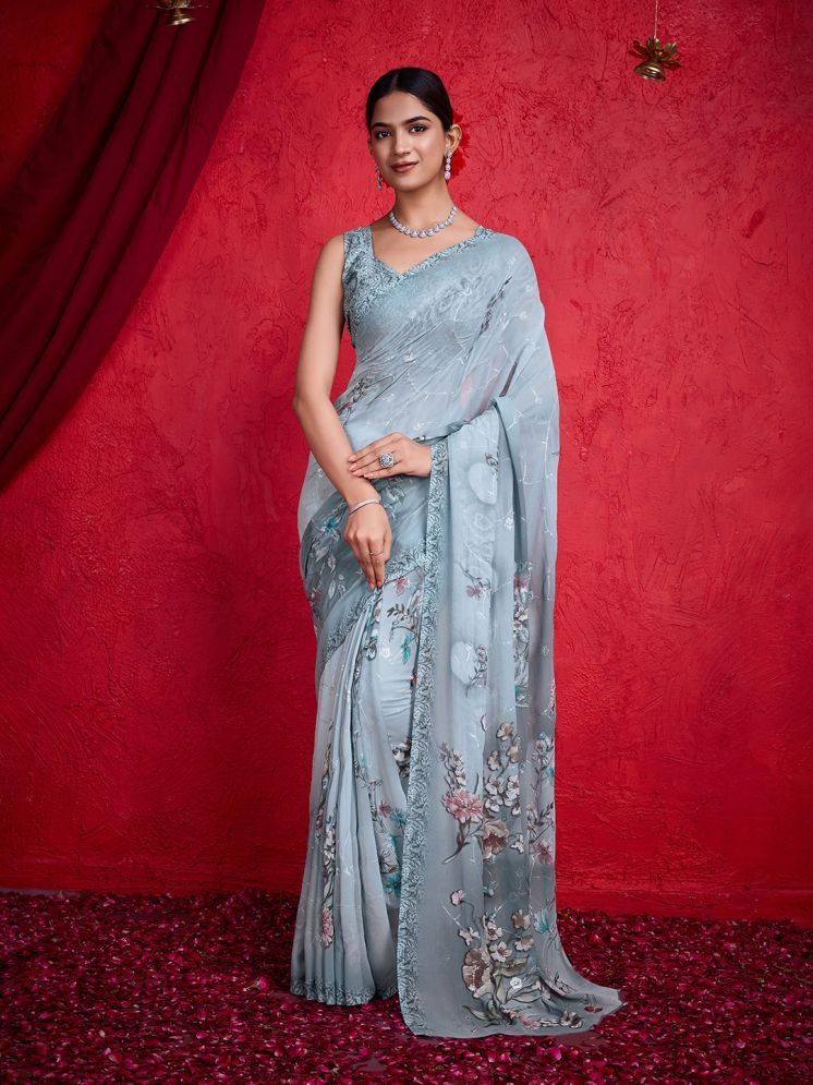     			Rekha Maniyar Chiffon Printed Saree With Blouse Piece - Grey ( Pack of 1 )