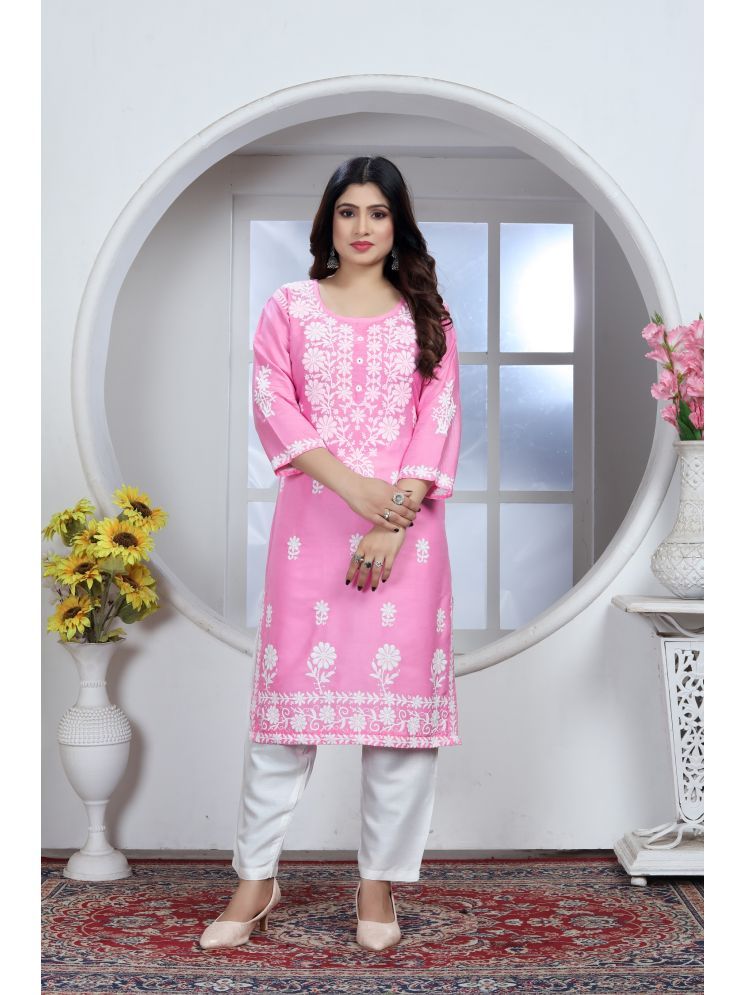     			A TO Z CART Rayon Embroidered Kurti With Pants Women's Stitched Salwar Suit - Pink ( Pack of 1 )