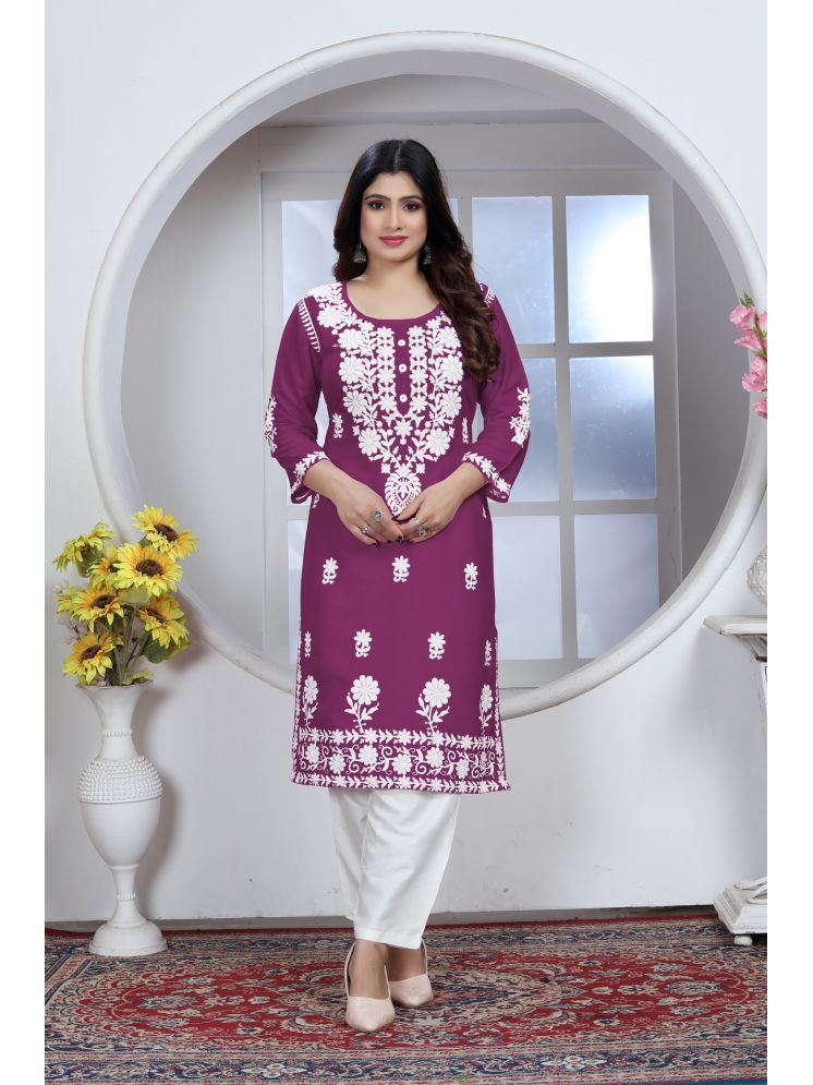     			Aika Rayon Embroidered Kurti With Palazzo Women's Stitched Salwar Suit - Wine ( Pack of 1 )