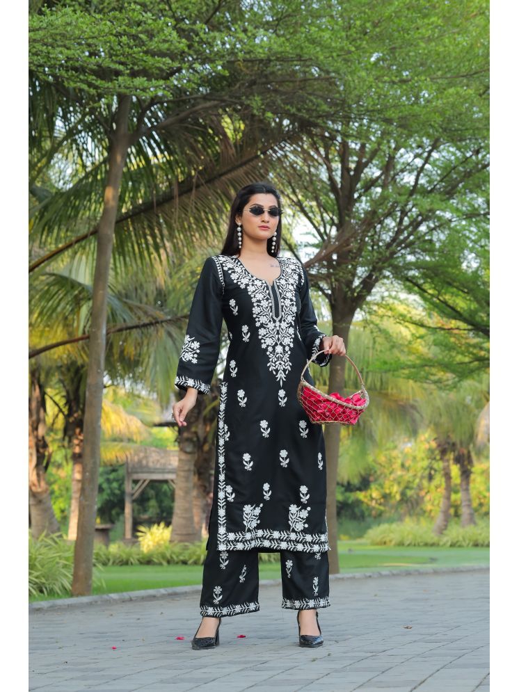     			Aika Rayon Embroidered Kurti With Palazzo Women's Stitched Salwar Suit - Black ( Pack of 1 )