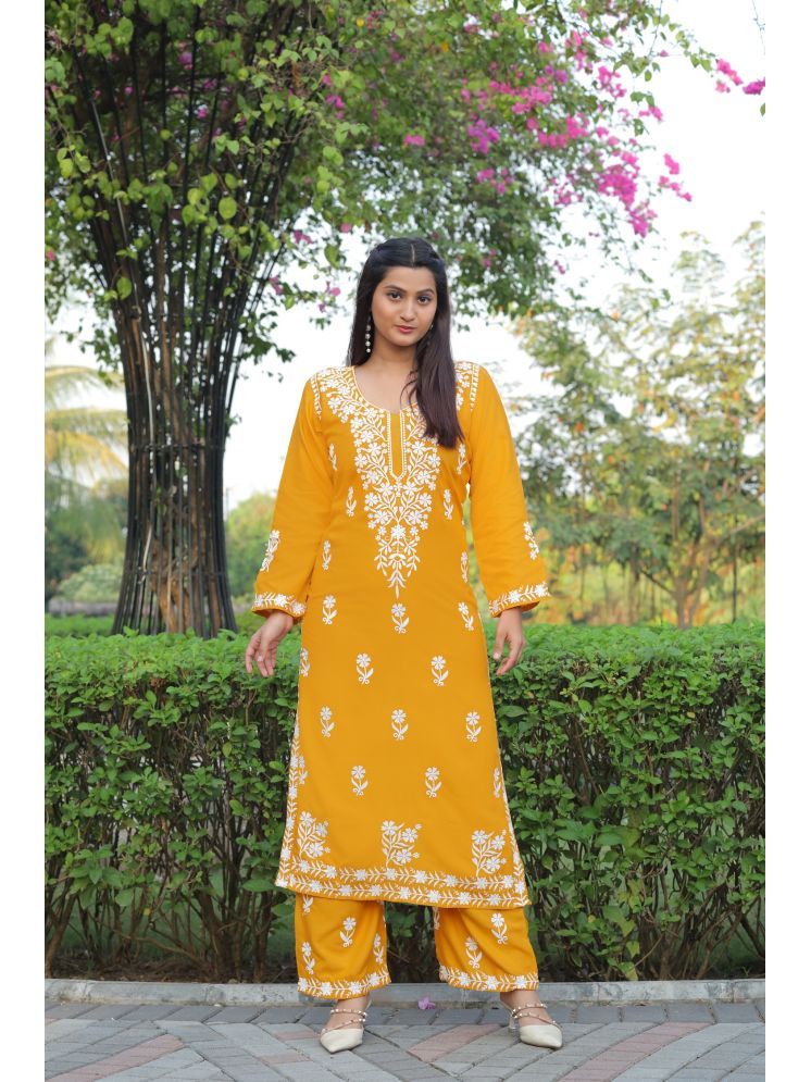     			Apnisha Rayon Embroidered Kurti With Palazzo Women's Stitched Salwar Suit - Yellow ( Pack of 1 )