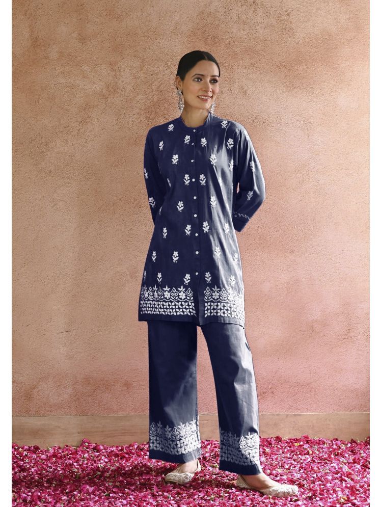     			Apnisha Rayon Embroidered Kurti With Palazzo Women's Stitched Salwar Suit - Navy ( Pack of 1 )