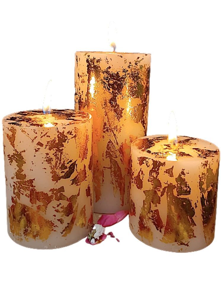     			Floish Gold Unscented Pillar Candle 15 cm ( Pack of 3 )