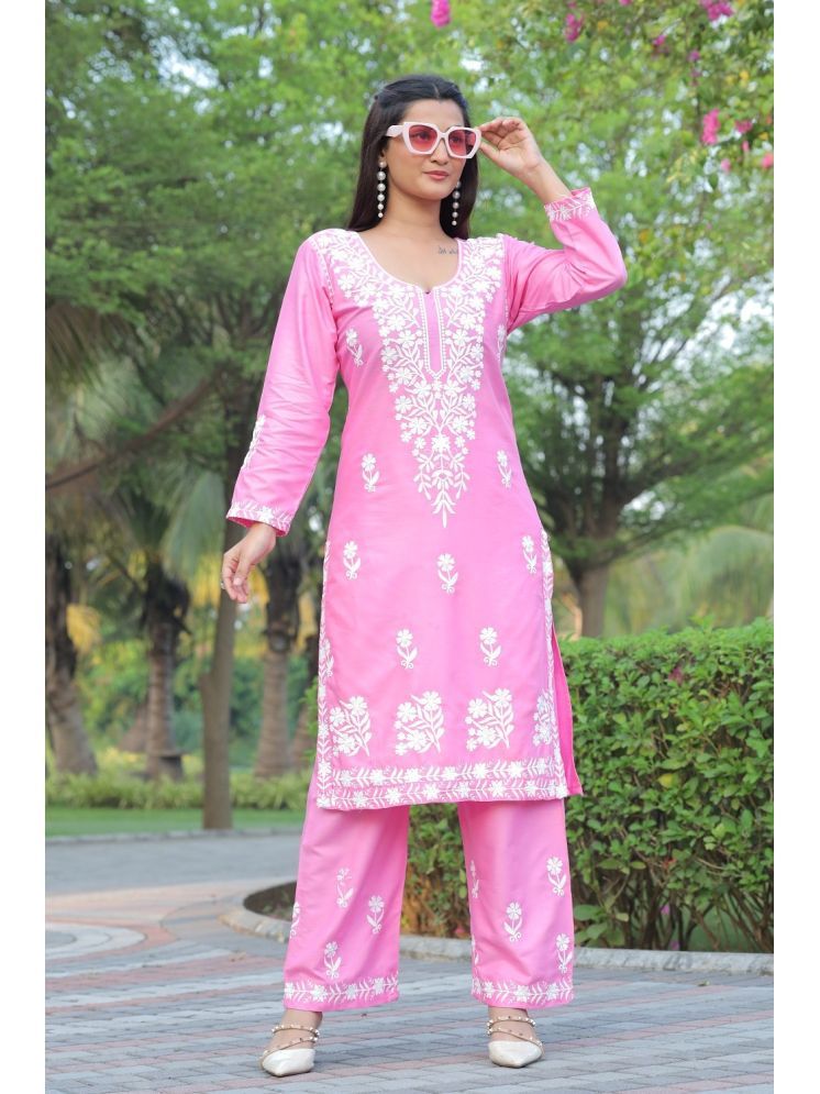     			JULEE Rayon Embroidered Kurti With Palazzo Women's Stitched Salwar Suit - Pink ( Pack of 1 )