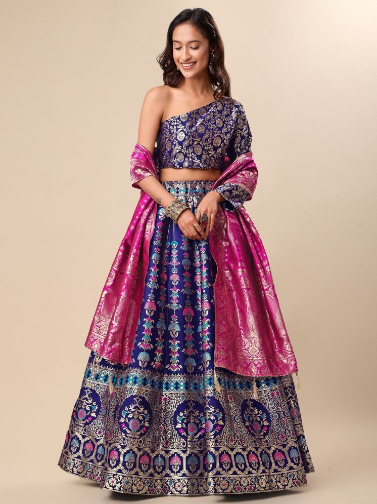     			PURVAJA Blue Jacquard Circular Semi Stitched Lehenga Single