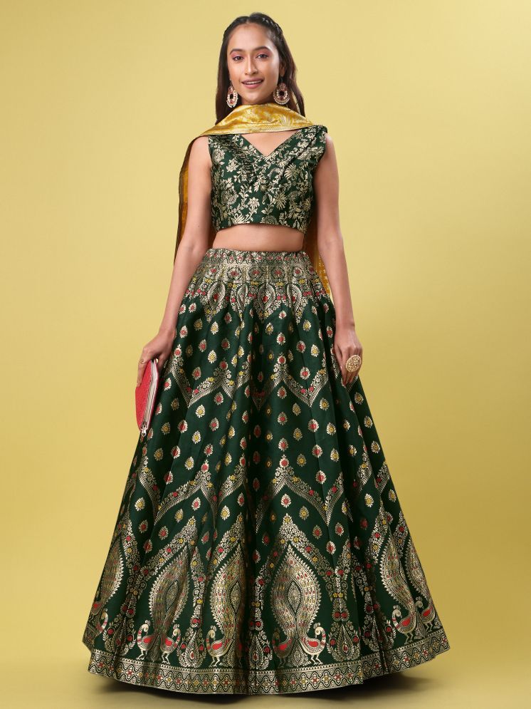     			PURVAJA Green Jacquard Circular Semi Stitched Lehenga Single