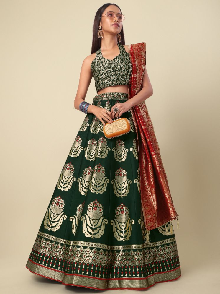     			PURVAJA Green Jacquard Circular Semi Stitched Lehenga Single