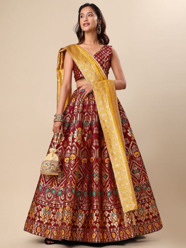     			PURVAJA Maroon Jacquard Circular Semi Stitched Lehenga Single