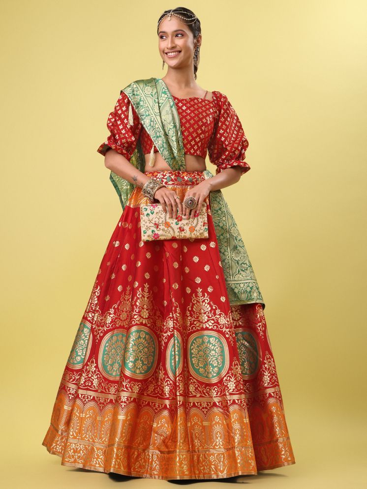     			PURVAJA Red Jacquard Circular Semi Stitched Lehenga Single