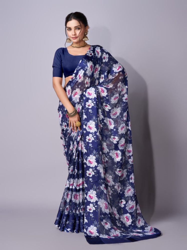     			Sitanjali Lifestyle Georgette Printed Saree With Blouse Piece - Navy Blue ( Pack of 1 )