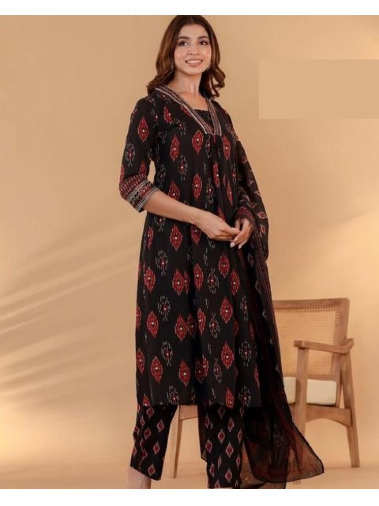     			Vividvibe Cotton Blend Printed Kurti With Pants Women's Stitched Salwar Suit - Black ( Pack of 1 )