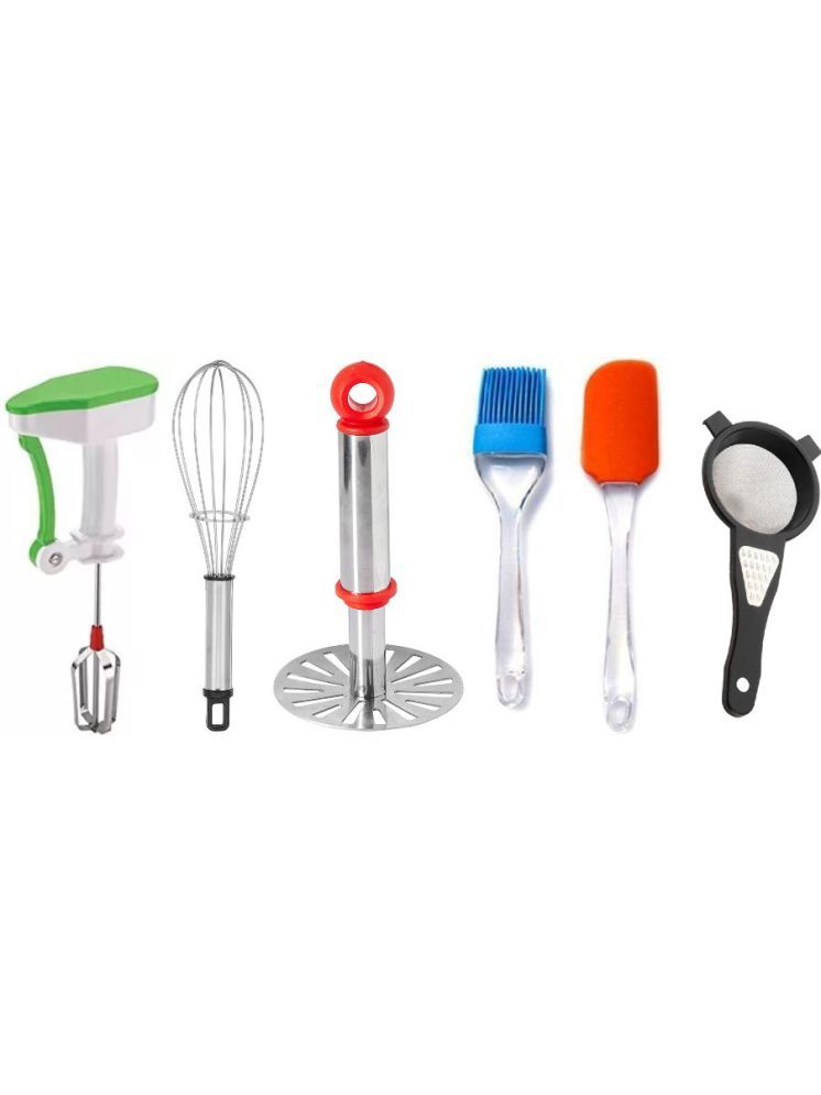     			omortex Multicolor Virgin Plastic Blender, Whisk, Masher, Spatula, Brush, Strainer ( Set of 6 )