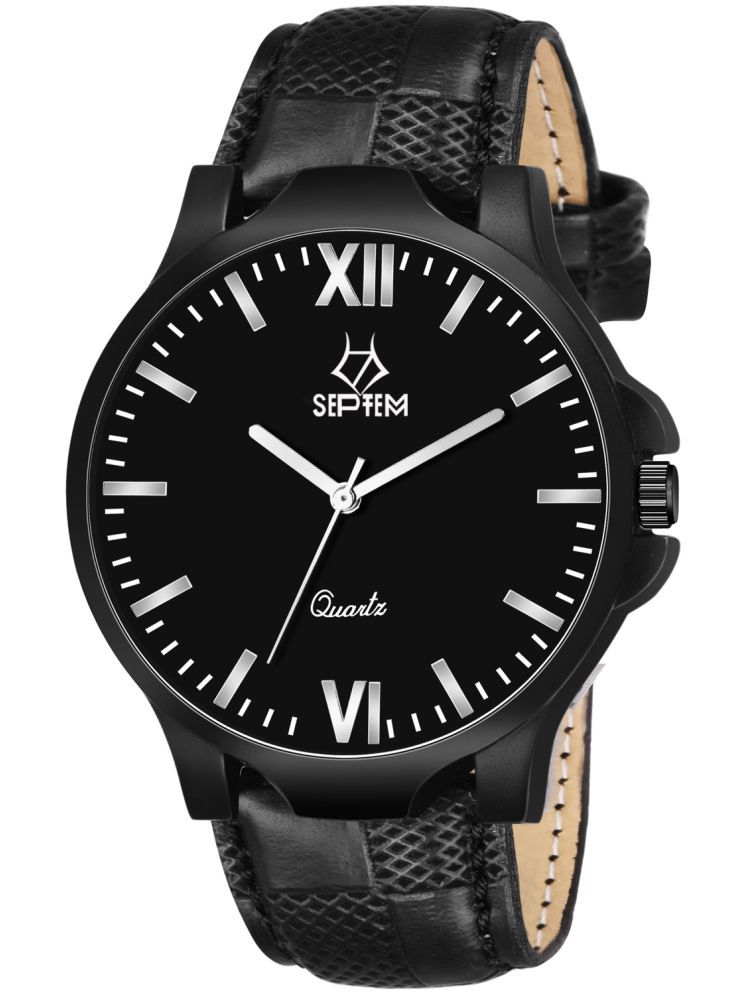     			Septem Black Leather Analog Men's Watch