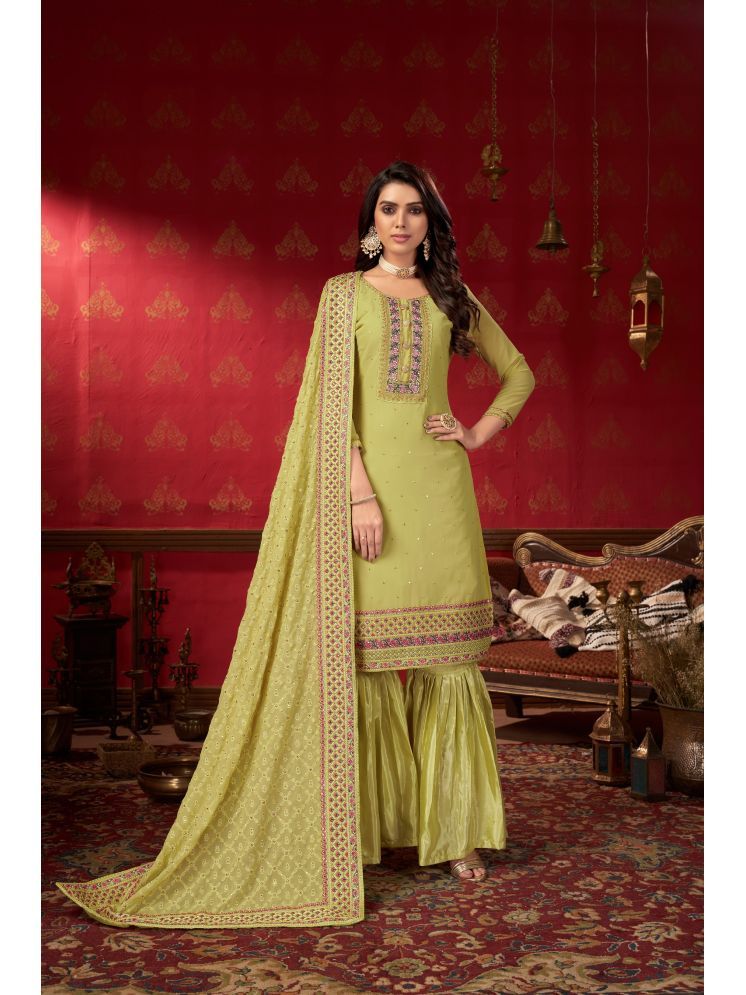     			Varni Fabrics Unstitched Georgette Embroidered Dress Material - Lime Green ( Pack of 1 )