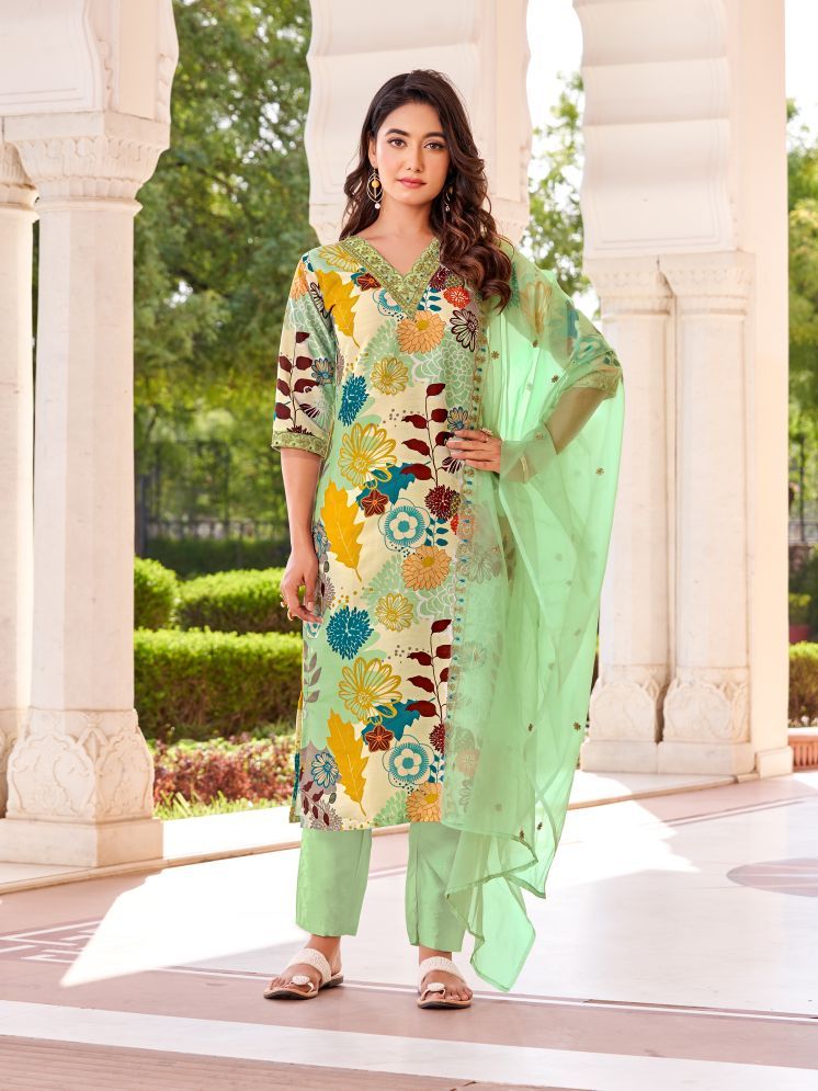     			Vividvibe Cotton Silk Printed Kurti With Pants Women's Stitched Salwar Suit - Green ( Pack of 1 )