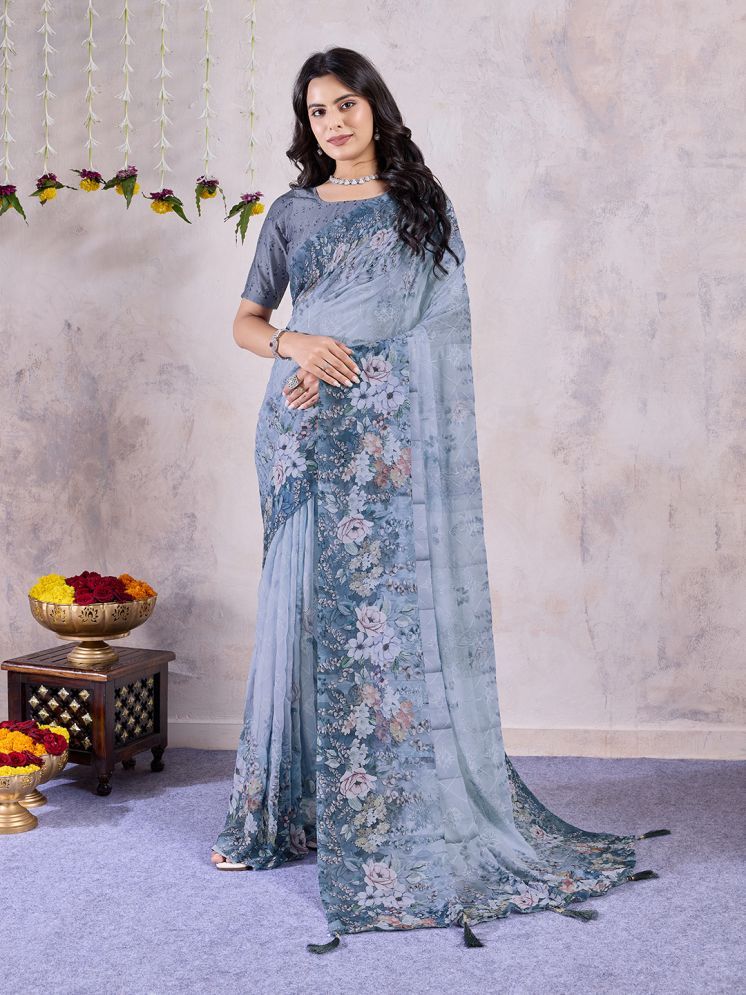     			Rekha Maniyar Chiffon Printed Saree With Blouse Piece - Grey ( Pack of 1 )