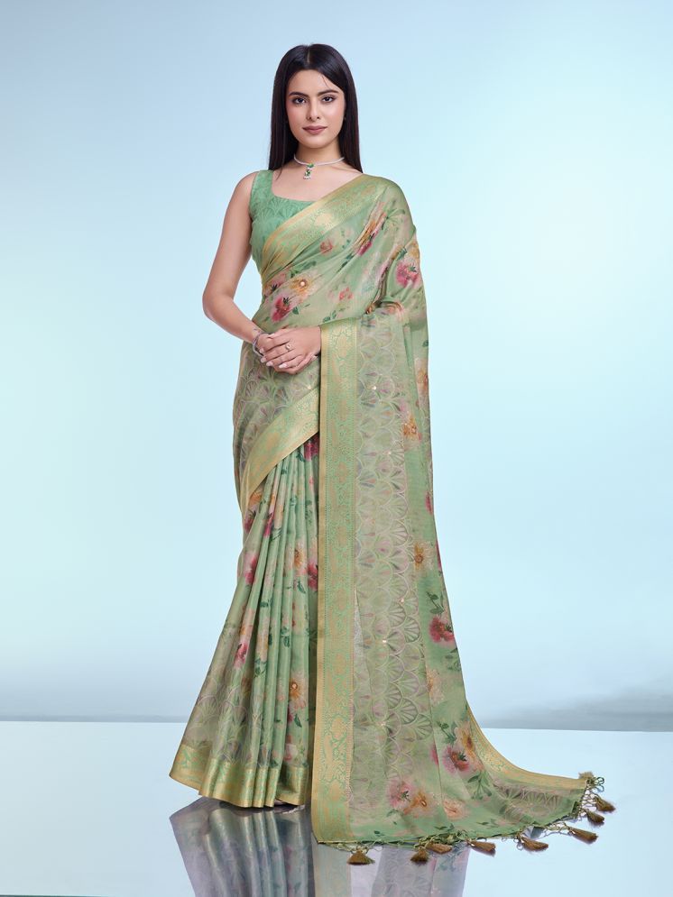     			Rekha Maniyar Silk Blend Printed Saree With Blouse Piece - Green ( Pack of 1 )