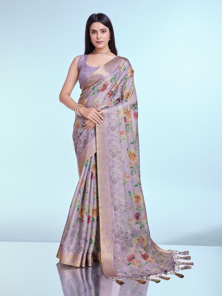     			Rekha Maniyar Silk Blend Printed Saree With Blouse Piece - Lavender ( Pack of 1 )