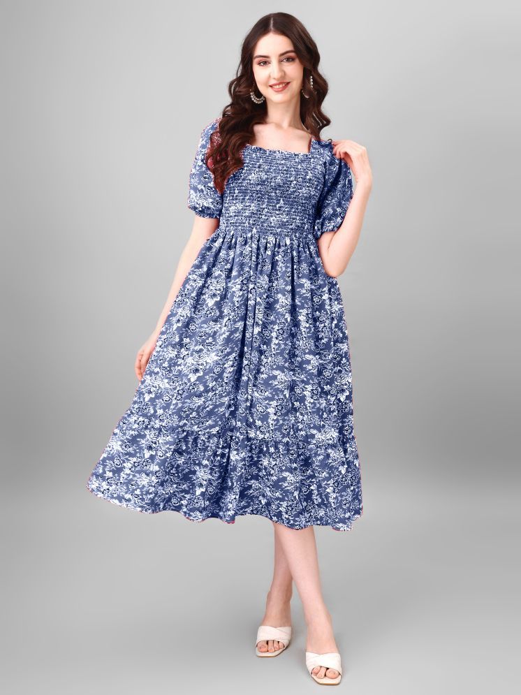     			Femvy Polyester Printed Midi Women's Fit & Flare Dress - Blue ( Pack of 1 )