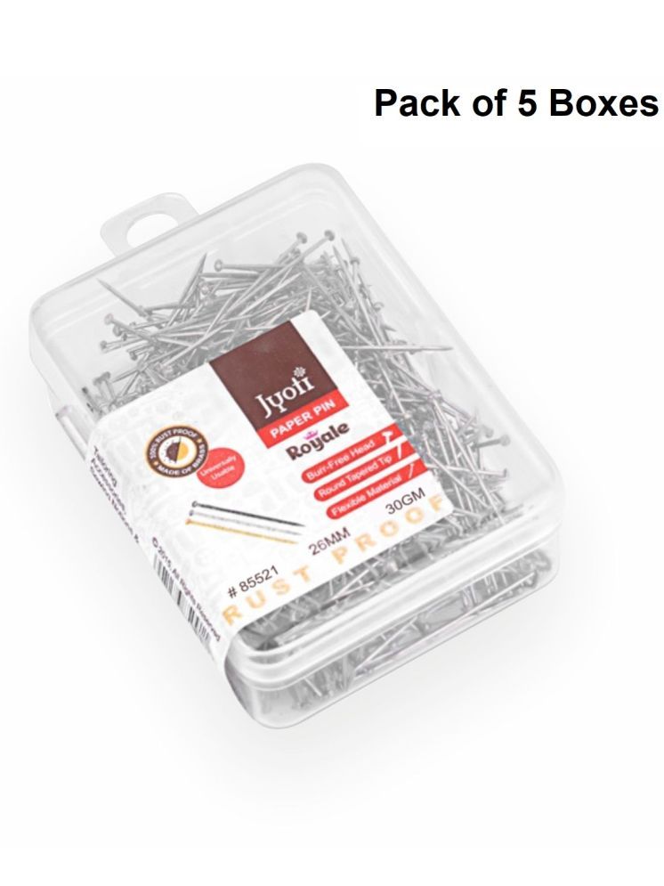     			Jyoti Paper Pin - Royale (30 Grams of 0.85x26mm Steel Pin in Nickel Finish in a Plastic Box), Re-Usable Pins for Holding Loose Papers & Document Organizing, School, Office, and Stationery - Pack of 5