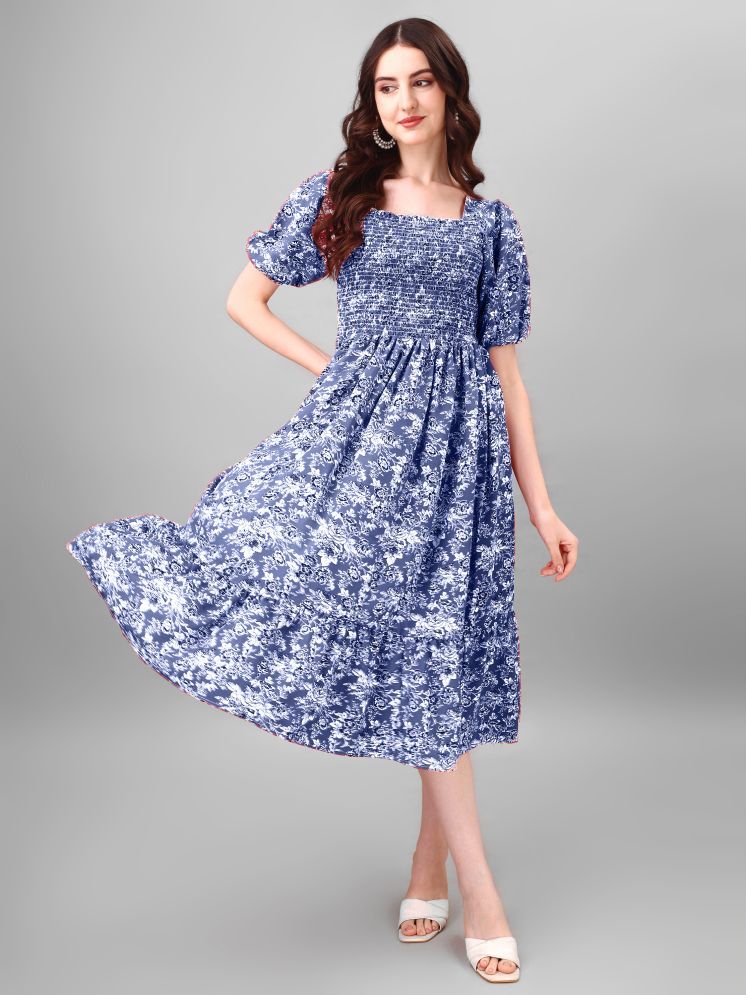     			RAIYANI FASHION Polyester Printed Midi Women's Fit & Flare Dress - Blue ( Pack of 1 )