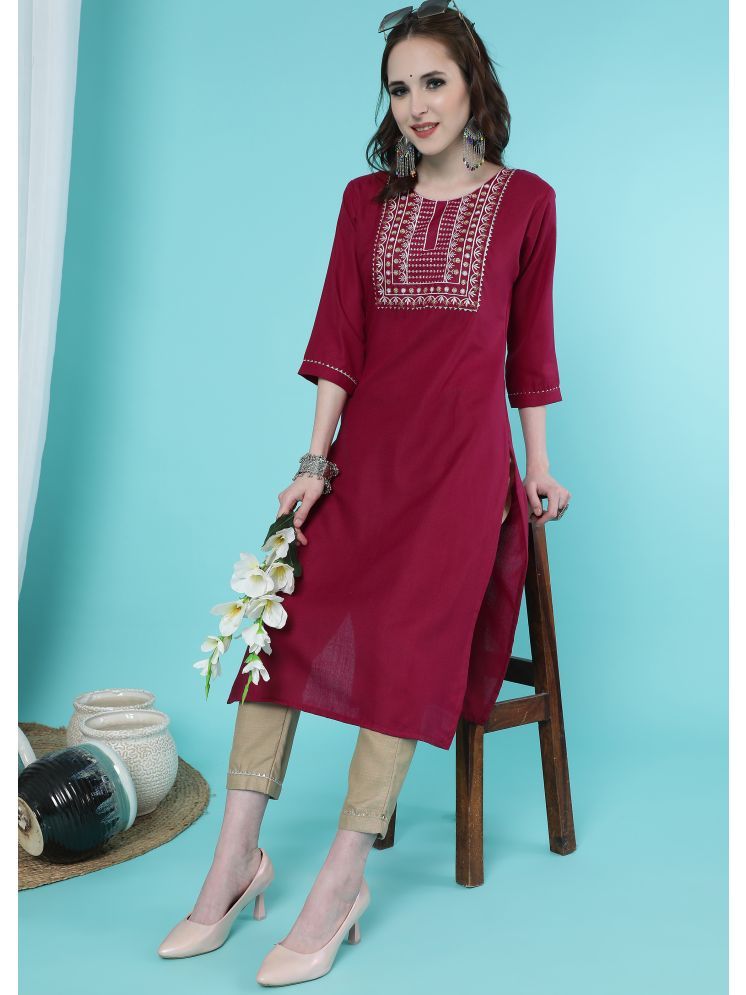     			Tabahi Cotton Blend Embroidered Kurti With Pants Women's Stitched Salwar Suit - Maroon ( Pack of 1 )