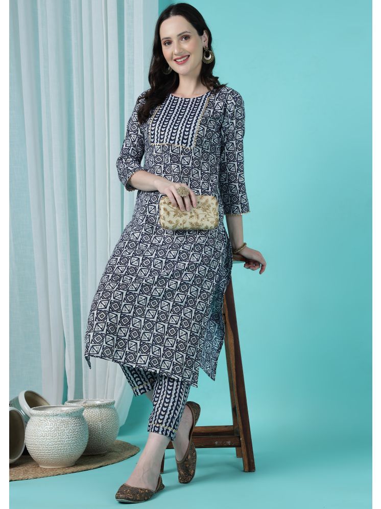     			Tabahi Cotton Blend Printed Kurti With Pants Women's Stitched Salwar Suit - Blue ( Pack of 1 )