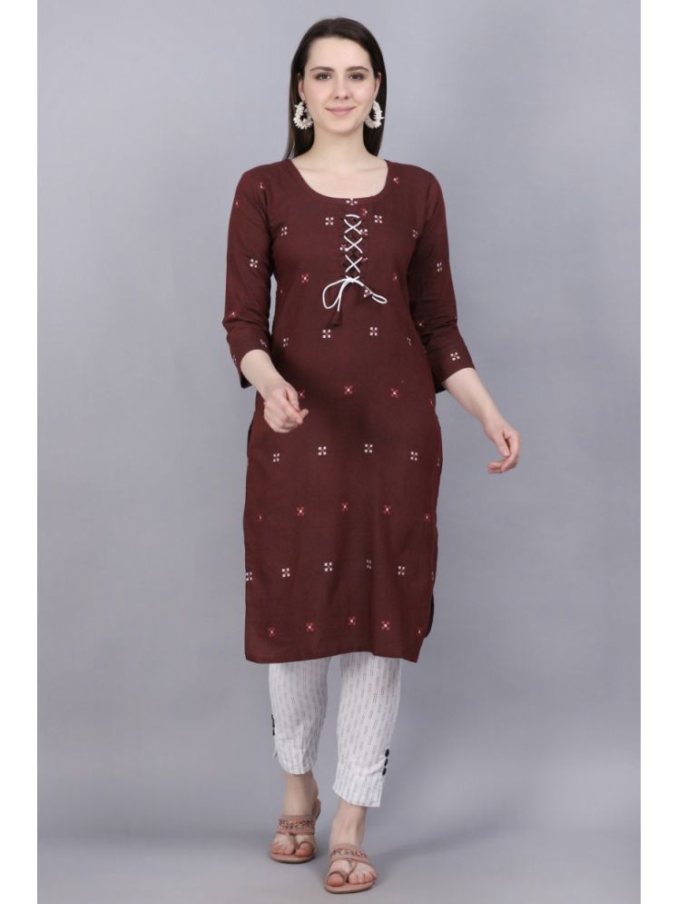     			Tabahi Cotton Blend Printed Kurti With Pants Women's Stitched Salwar Suit - Brown ( Pack of 1 )