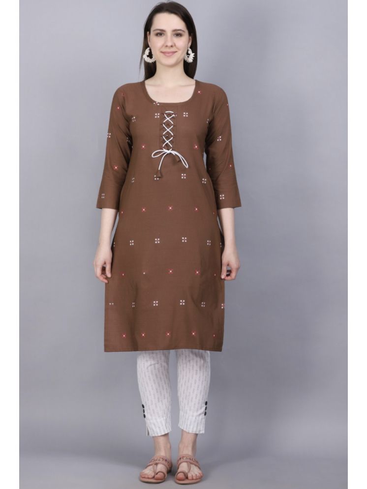     			Tabahi Cotton Blend Printed Kurti With Pants Women's Stitched Salwar Suit - Brown ( Pack of 1 )