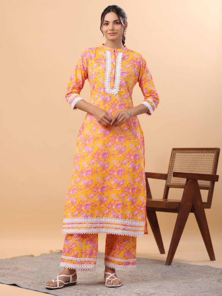     			Janasya Cotton Printed Kurti With Pants Women's Stitched Salwar Suit - Orange ( Pack of 1 )