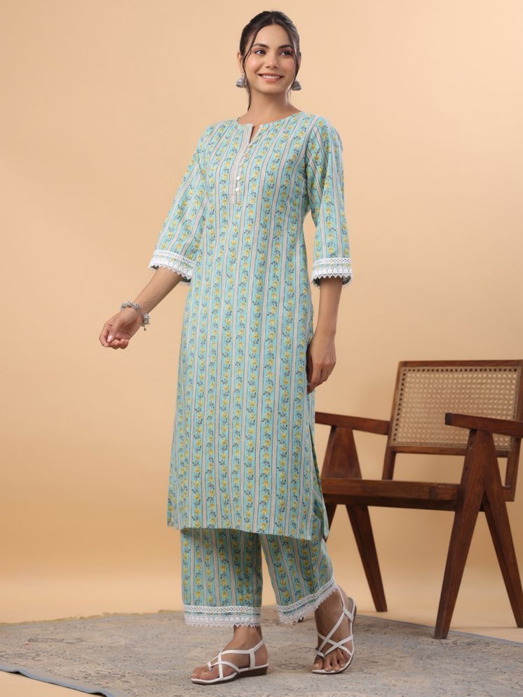     			Janasya Cotton Printed Kurti With Pants Women's Stitched Salwar Suit - Light Blue ( Pack of 1 )