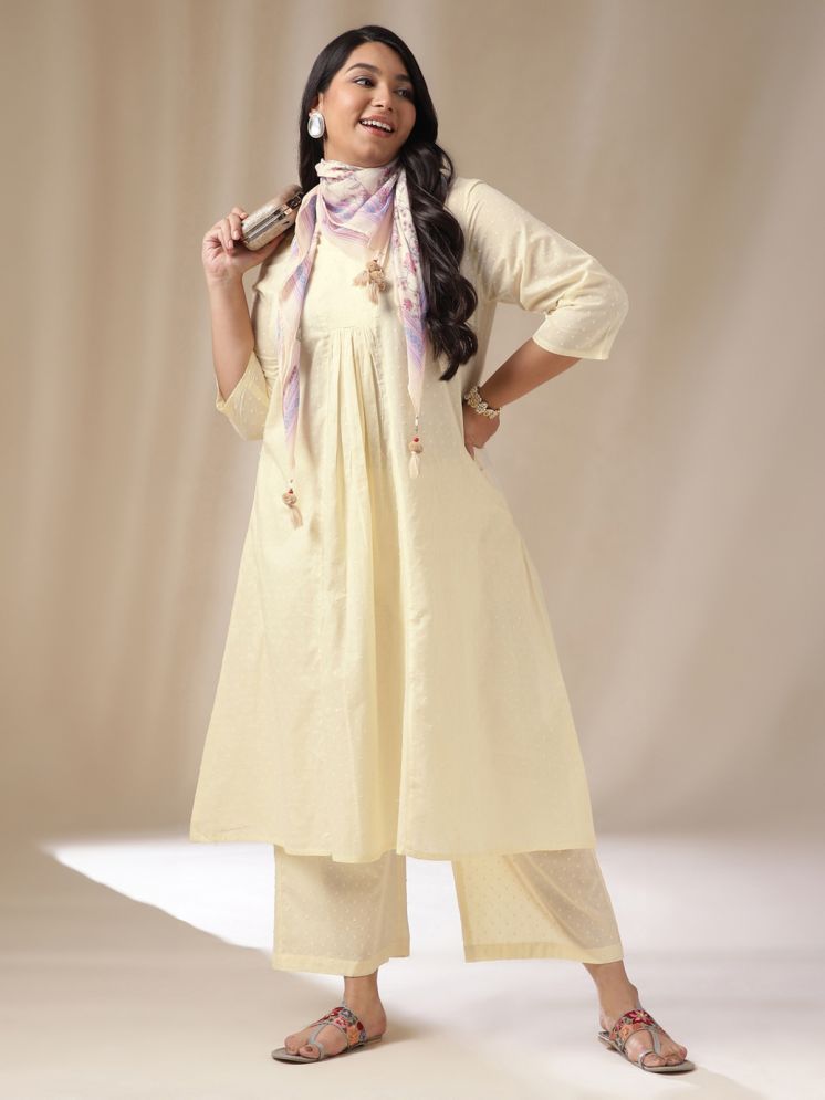     			Janasya Cotton Self Design Kurti With Palazzo Women's Stitched Salwar Suit - Cream ( Pack of 1 )