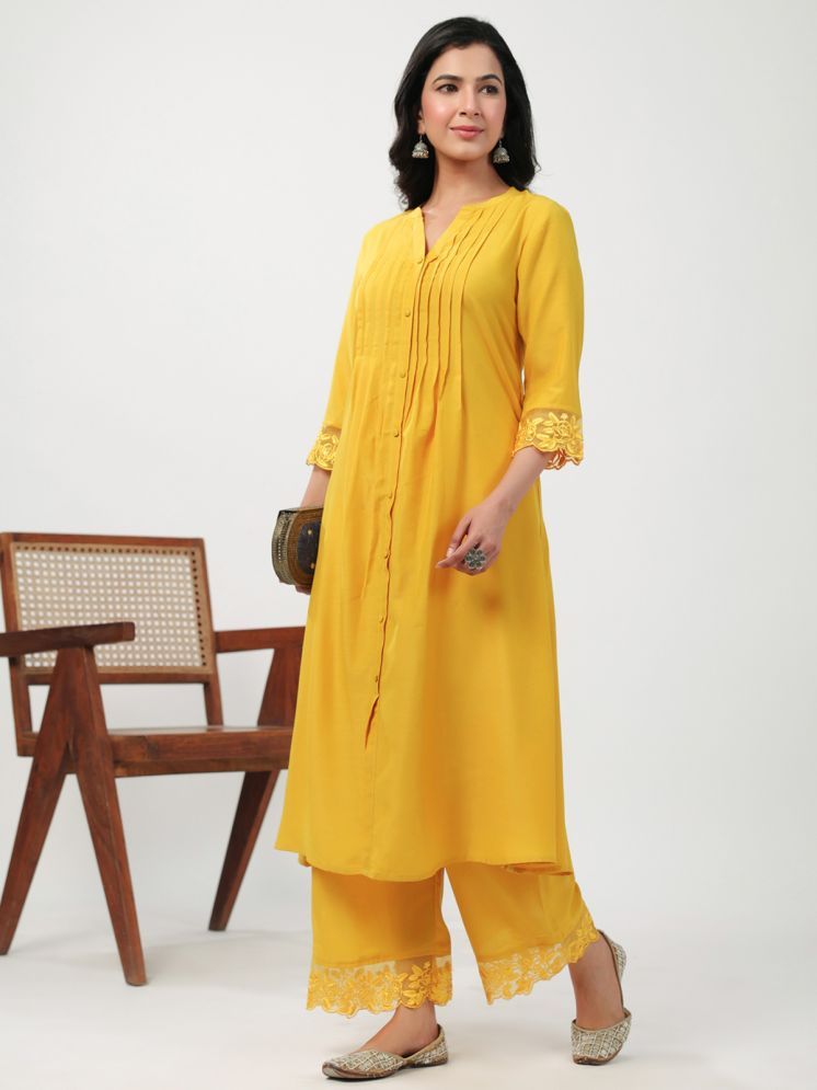     			Janasya Silk Blend Embroidered Kurti With Pants Women's Stitched Salwar Suit - Yellow ( Pack of 1 )