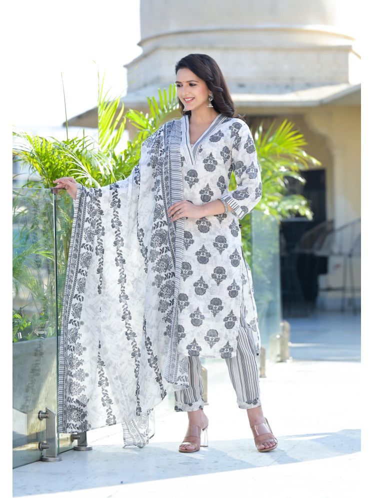     			Juniper Cotton Blend Printed Kurti With Dhoti Pants Women's Stitched Salwar Suit - Grey ( Pack of 1 )