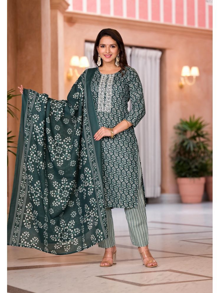     			Juniper Cotton Printed Kurti With Pants Women's Stitched Salwar Suit - Green ( Pack of 1 )