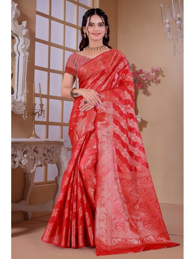     			Raj Vivah Jacquard Woven Saree With Blouse Piece - Red ( Pack of 1 )