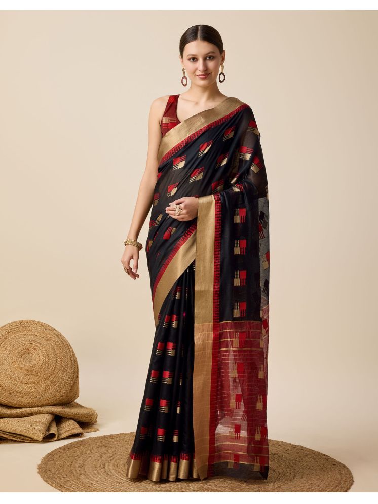     			Samah Cotton Silk Solid Saree With Blouse Piece - Black ( Pack of 1 )