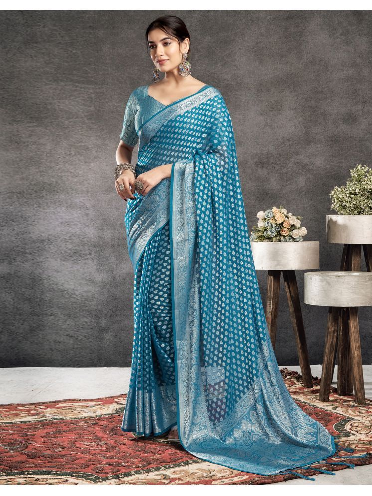     			Samah Georgette Self Design Saree With Blouse Piece - Teal ( Pack of 1 )