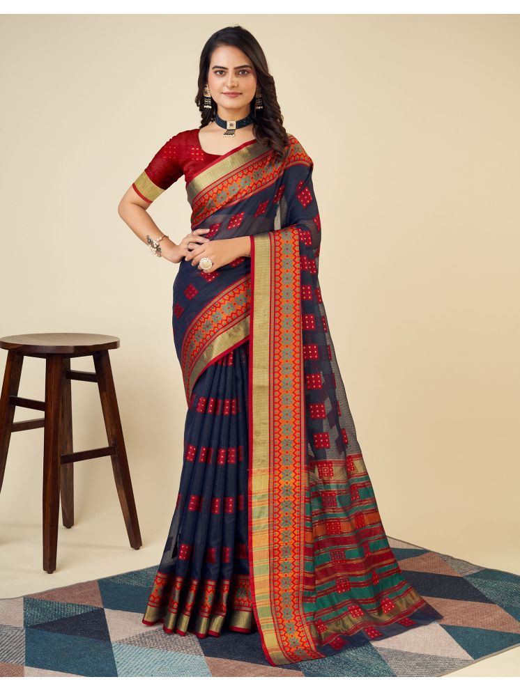     			Satrani Silk Printed Saree With Blouse Piece - Navy Blue ( Pack of 1 )