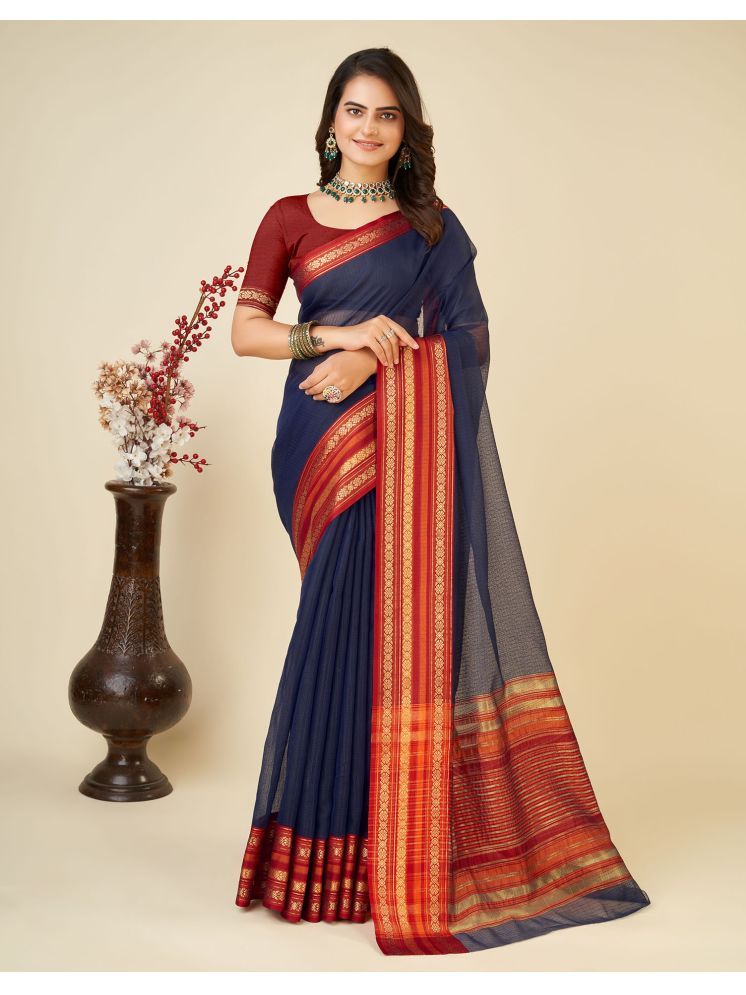     			Satrani Silk Woven Saree With Blouse Piece - Navy Blue ( Pack of 1 )