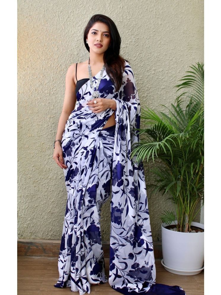     			Sitanjali Georgette Printed Saree With Blouse Piece - Navy Blue ( Pack of 1 )