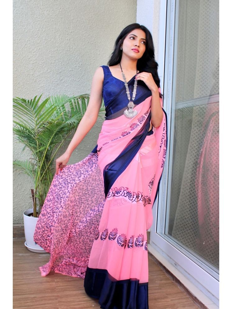     			Sitanjali Georgette Printed Saree With Blouse Piece - Pink ( Pack of 1 )