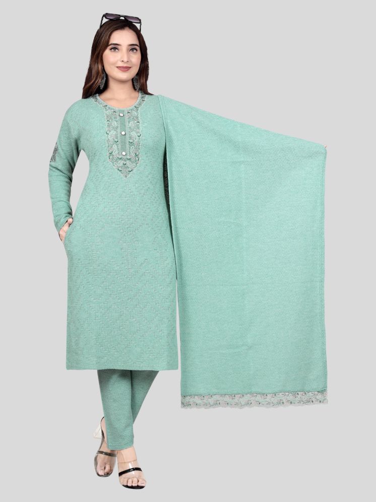     			WOOL'S KART Woollen Self Design Kurti With Palazzo Women's Stitched Salwar Suit - Green ( Pack of 1 )